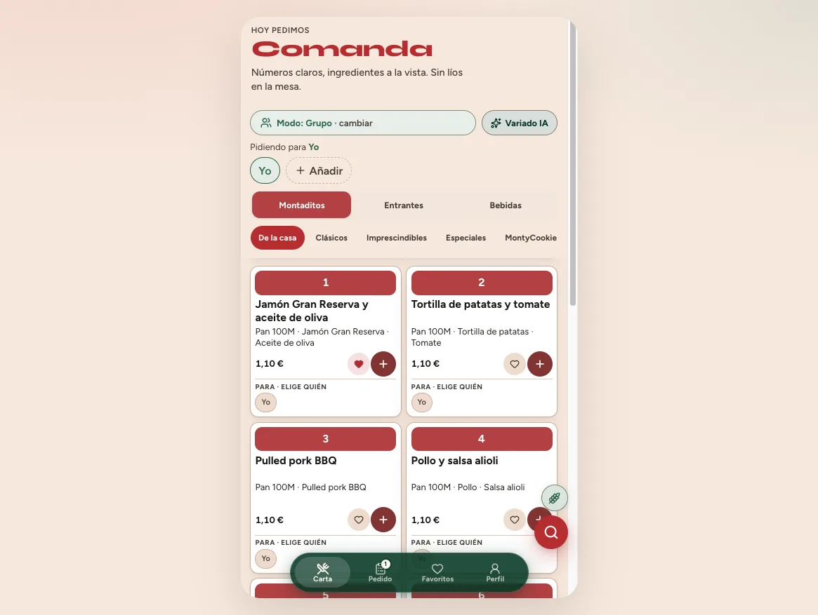 Comanda menu screen with numbered montaditos, favorites, and Variado AI