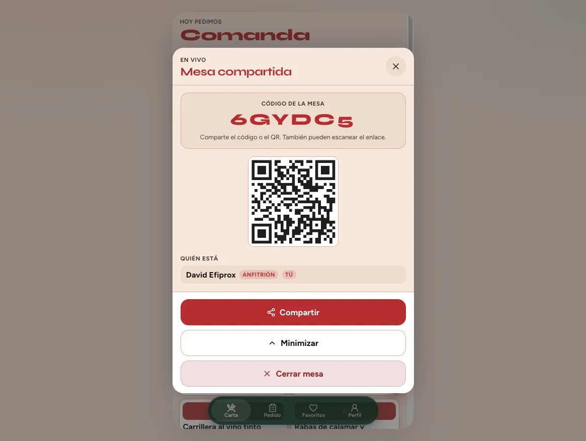 Live shared table with code, QR, and diner list