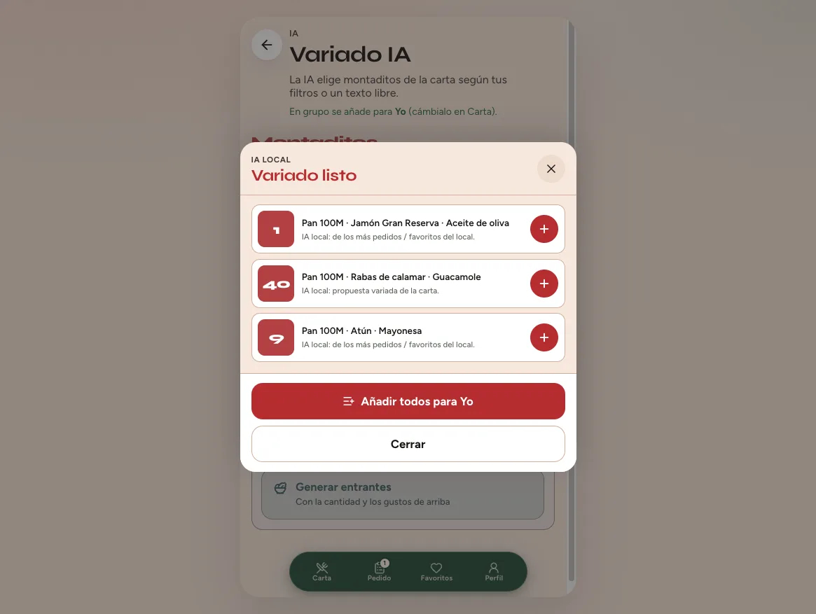 Variado AI suggestions with montaditos ready to add to the order