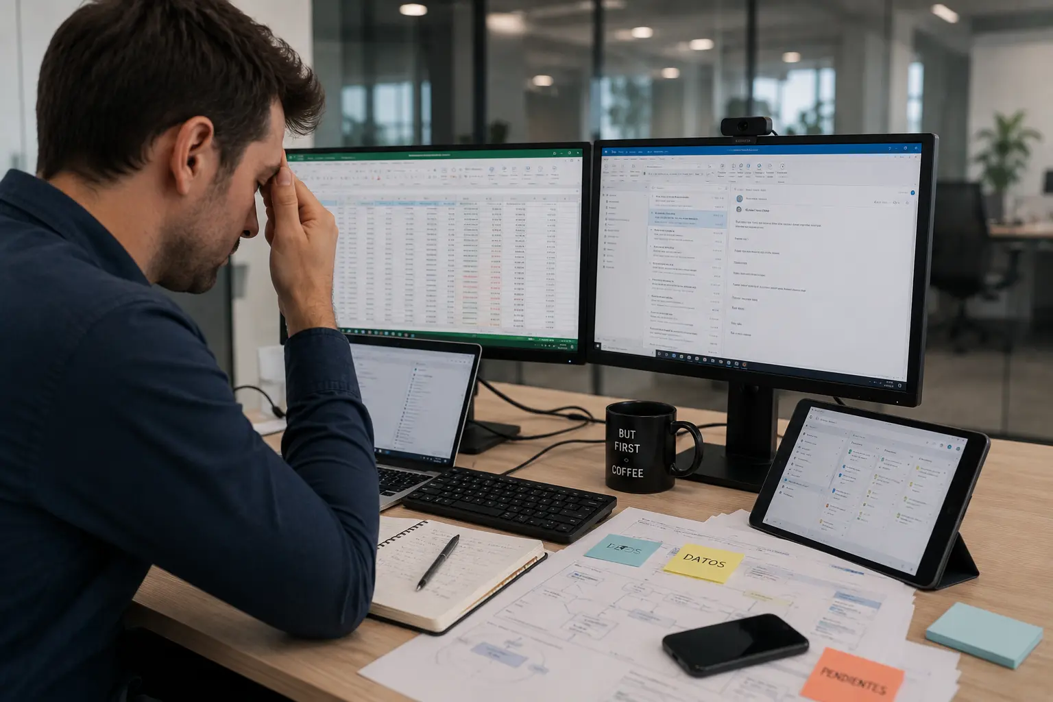 Persona buscando información entre Excel, correo y varias herramientas: costes ocultos de los procesos manuales