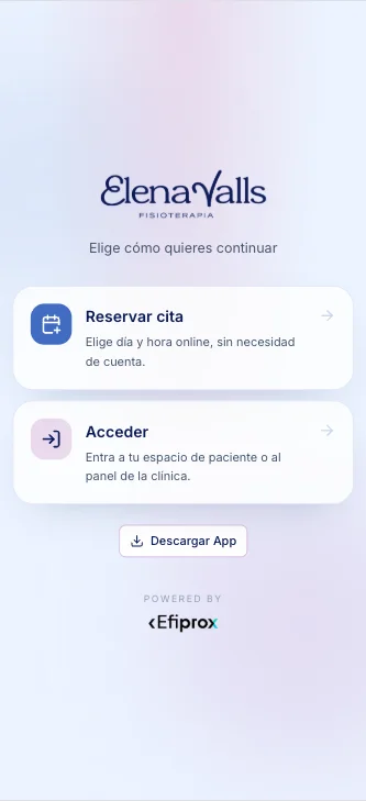 Clinic app welcome Elena Valls Fisioterapia app welcome screen with booking and access options
