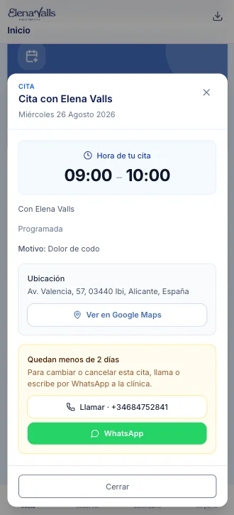 Patient appointment detail Appointment detail with time, reason, location, Google Maps, and WhatsApp contact