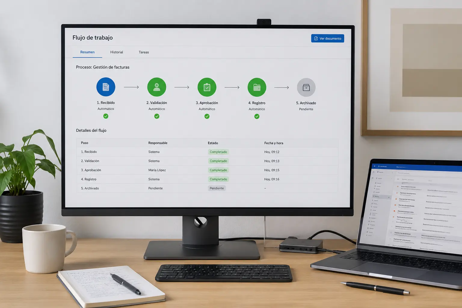 Screen showing a workflow with automatic statuses in an office