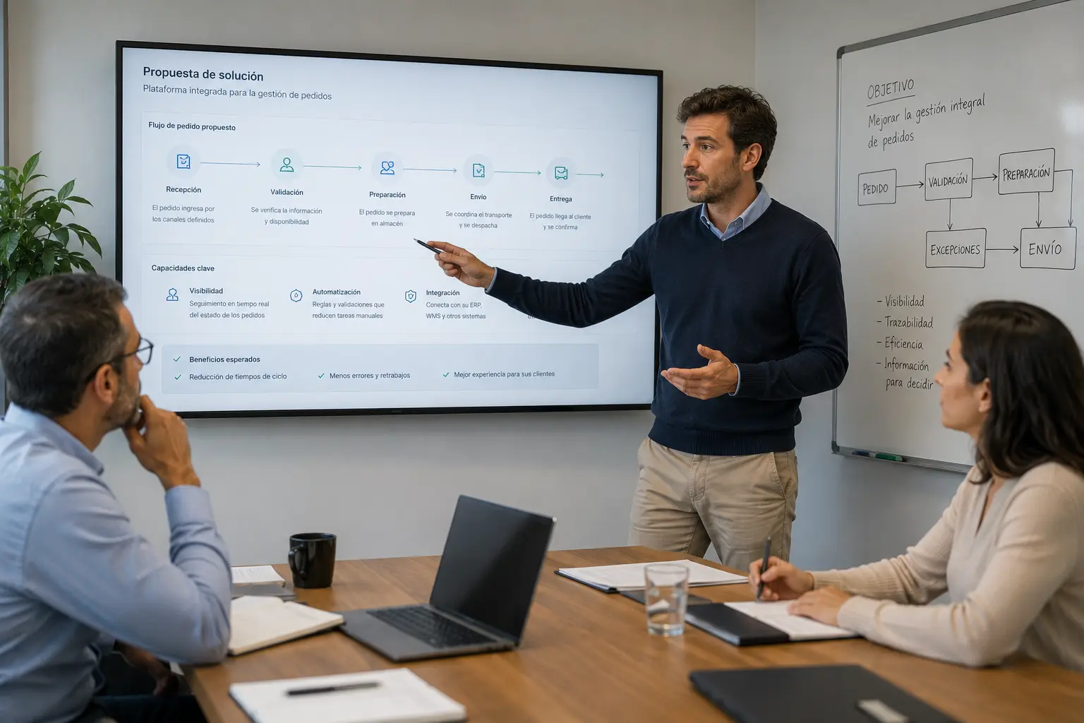 Consultant explaining a technology proposal to a client in a meeting
