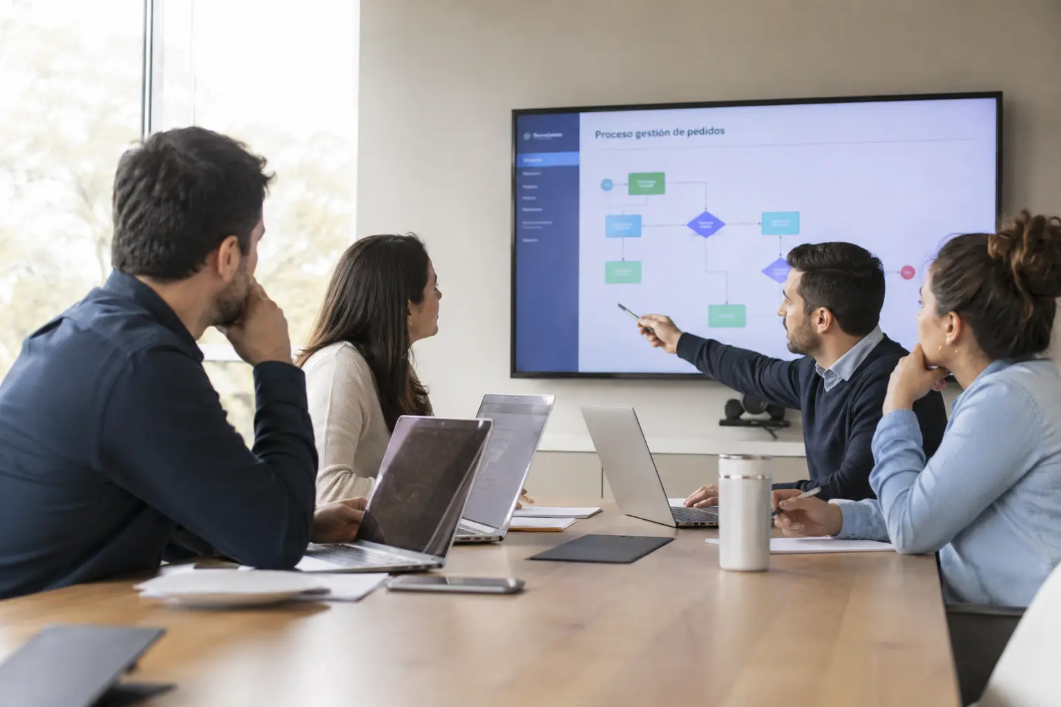 Business stakeholders and developers reviewing processes on a shared screen in a meeting