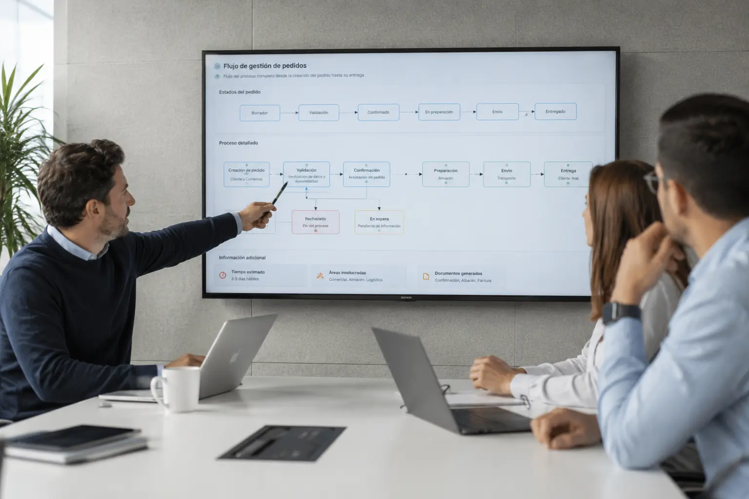 Team designing a business workflow on screen with process diagrams