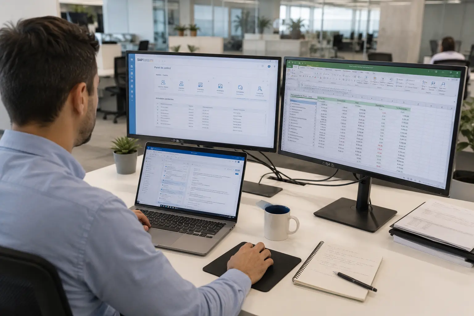 Employee switching between several applications and spreadsheets during the workday