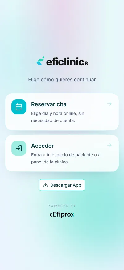 Pantalla de acceso de Eficlinics con las opciones de reservar cita y acceder al espacio del paciente o al panel